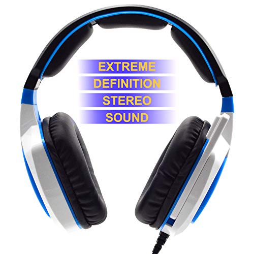 Stereo Gaming Headset for PC, Surround Sound Noise Isolation Wired Over Ear Headphones with Mic, Deep Bass, Soft Memory Earmuffs for Laptop Desktop Computer (White Blue)
