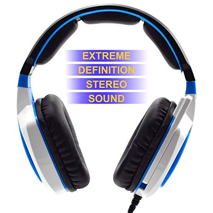 Stereo Gaming Headset for PC, Surround Sound Noise Isolation Wired Over Ear Headphones with Mic, Deep Bass, Soft Memory Earmuffs for Laptop Desktop Computer (White Blue)