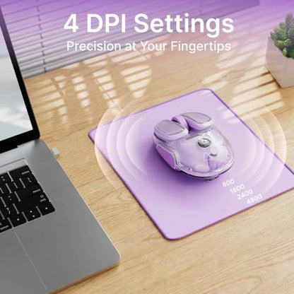 SEUNKWANG Q9 Transparent Wireless Mouse with RGB Lighting, Compact Multi-Device Bluetooth & 2.4G Computer Mouse, Rechargeable, Quiet Clicks, 4800 DPI Cute Mice for Laptop, PC, Mac, iPad - Purple - color: Purple