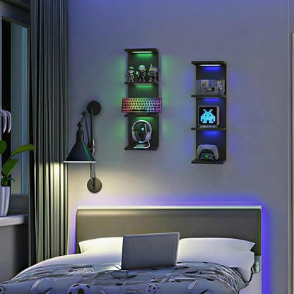 4 Tier RGB Wall Shelf, Black | Gaming Shelf with Remonte Control, Lack Shelves with Light for Bedroom,Easy to Install Cosmetic & Display Modern Shelf - color: 4r-black