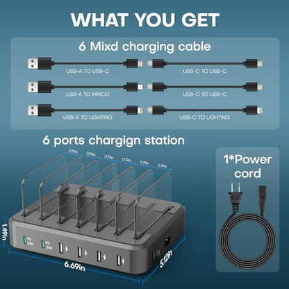 Charging Station for Multiple Devices,65W 6 Port Multi USB C Fast Charger Station with 6 Mixed Charging Cables,Charging Dock Compatible with iPhone iPad,Cell Phone,Tablets Android and More