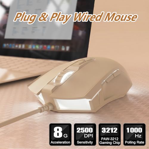 Lomiluskr AJ52 RGB Wired Gaming Mouse, 7 Programmable Buttons, Computer Mice with RGB Lighting, 200-4800 DPI Adjustable, for PC/Laptop (Milk Tea) - color: Milk Tea