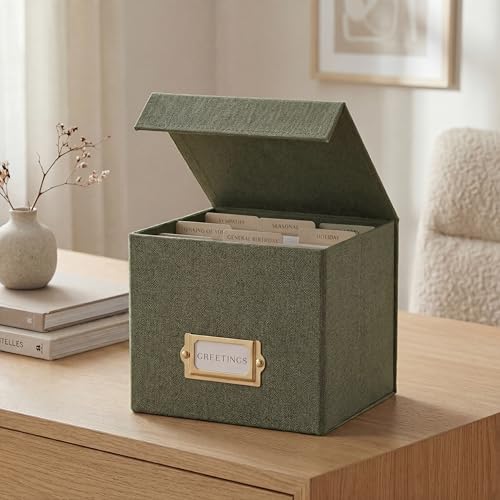 ZICOTO Beautiful Greeting Card Organizer Box With Dividers - Sturdy Linen Storage Box Easily Organizes All Your Greeting Cards in Style - Cute Card Holder Safely Stores Up to 300 Small Or Large Cards - color: Sage