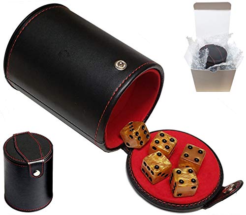 Cyber-Deals Set of 16mm Marbleized Dice and Black PU Leather, Velvet Lined Dice Cup with Storage Compartment (Gift Boxed) (Gold Dice, Red Lining Cup) - color: Gold Dice, Red Lining Cup
