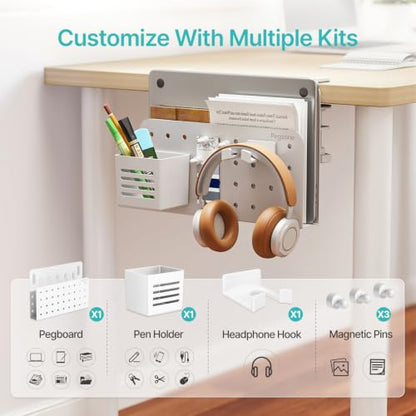 Desk Side Storage Organizer, Fits Flat Edge 0.4" to 2.2", White | No Drill Under Desk Laptop Holder, Clamp on Desks Shelf with Pegboard Accessories, Hanging Laptop Mount - color: White