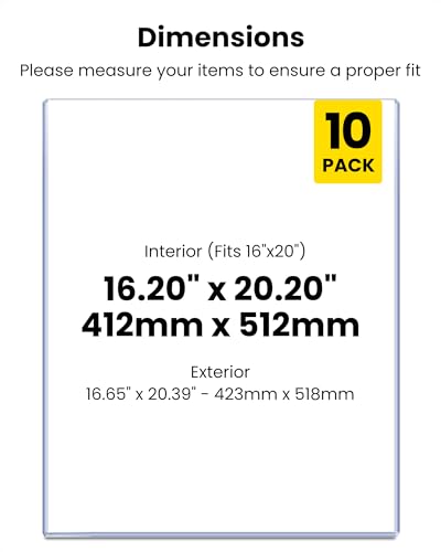 16x20 Toploader Poster Sleeves, 10 Pack Plastic Poster Sleeves 47PT | 15 Mil Rigid PVC Plastic Poster Protectors for Art Prints, Photos, Documents, Display & Storage, Blue Tint & Protective Film