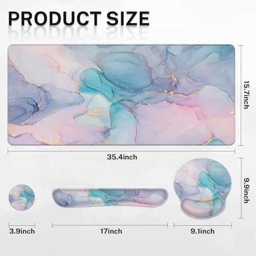 Arttown Keyboard Mouse Pad Set, 4 in 1 Desk Mat Set Marble Gradient | Gold Purple Pink Large Mousepad+Keyboard Wrist Rest+Mouse Wrist Rest+Coaster Ergonomic Design for Home Office Computer - color: Blue Purple Marble
