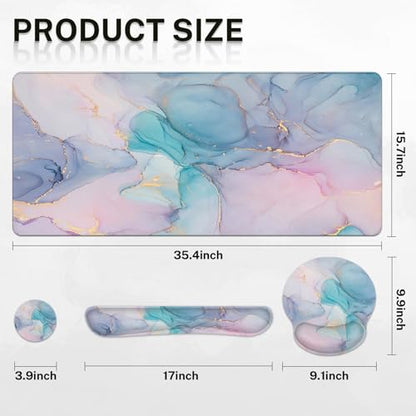 Arttown Keyboard Mouse Pad Set, 4 in 1 Desk Mat Set Marble Gradient | Gold Purple Pink Large Mousepad+Keyboard Wrist Rest+Mouse Wrist Rest+Coaster Ergonomic Design for Home Office Computer - color: Blue Purple Marble