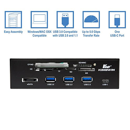 Kingwin Powered USB Hub 3.0 w/ 1 USB-C Port, SD Card Reader & Micro SD Card Reader - Sata Power Port w/Lightning Speed Data Transfer Up to 5Gbps - 5.25" Computer Case Front Bay, black (KW525-3U3CR) - size: 3 Port USB Hub