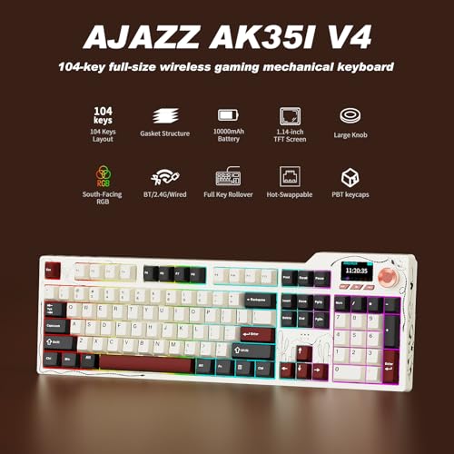 Ajazz AK35I V4 Full Size Wireless Mechanical Keyboard with 1.14" Color Screen & Knob, Tri-Mode Gasket Hot Swappable Gaming Keyboard, 10000mAh Battery, RGB, Black Red - color: Black Red