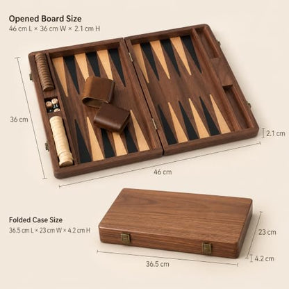 Black Walnut Backgammon Set for Adults, 14.4 x 18Inch Wooden Foldable Board Game with 30 Checkers, Dice, Doubling Cube and 2 Matching Dice Cups, Classic Travel Game Set
