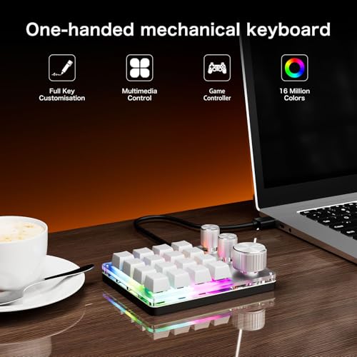 Programmable Macro Keyboard, 16 Keys 3 Knob Mini Mechanical Gaming Keypad Multifunctional Macropad with USB Wired Bluetooth Mode Volume Controller (White) - color: White