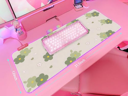 JMIYAV Pink RGB Gaming Mouse Pad 31.5x12 Inch PC XL Large Extended Glowing Led Light Up Desk Pad Non-Slip Rubber Base Computer Cute Mousepad Mat Desk Accessories Gaming Setup Bloom Flower - color: Bloom Flower
