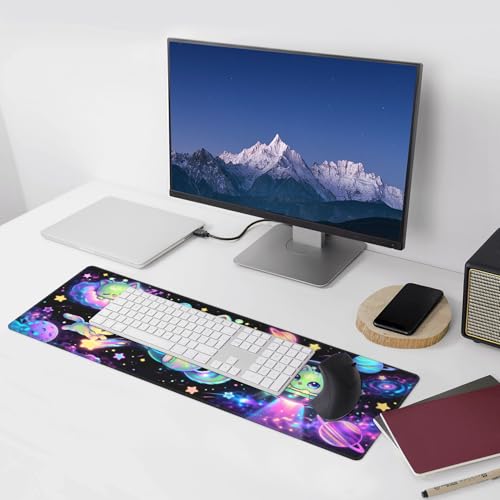 Alien Cat Gaming Mouse Pad Extended Large Mouse Mat 31.5 X 11.8 Inch Nonslip Rubber Base Long Desk Pad Stitched Edges Mousepad Mice Pad for Office Home Game - color: Alien Cat