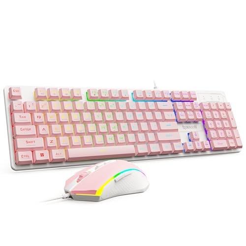 Redragon Updated S107WP Gaming Keyboard and Mouse, RGB Gaming Keyboard and 10000 DPI Mouse Combo with 25-Key Anti-Ghosting, 1K Hz Programmable Mice with Software, Plug & Play to PC, Laptop - Pink - color: Pink