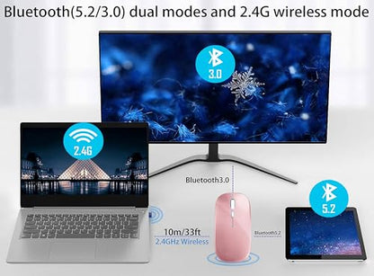 WREANU Wireless Bluetooth Mouse Rechargeable Laptop Mice with LED Lights Silent Slim Use(BT5.2 & 2.4G Portable USB) Dual Mode Computer Mouse for Laptop/iPad/Tablet/Apple/Computer/Mac(Rose Gold) - color: Rose Gold Wireless Bluetooth Mouse