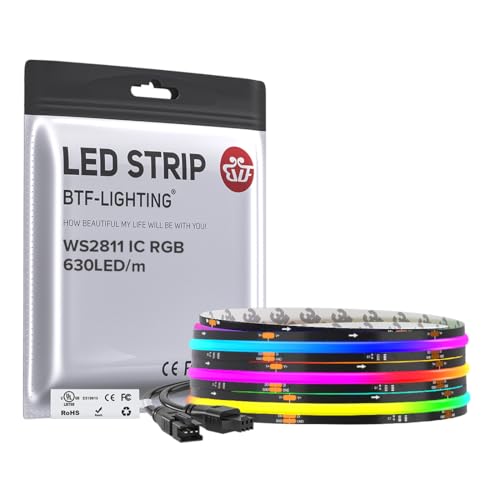 BTF-LIGHTING 9.8FT WS2811 Smart IC RGB DC24V FCOB COB LED Strip Light | UL Listed 630LEDs/m High Density Color Chasing Light 10mm Width Black PCB for Home DIY Lighting(No Adapter or Controller) - color: Black PCB, size: 3.28FT