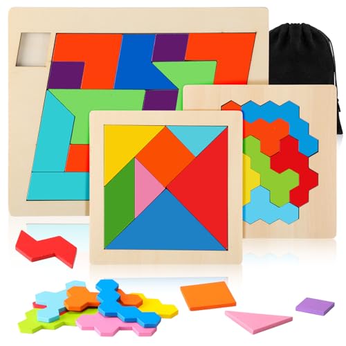 Yunsailing 3 Pack Large Wooden Blocks Puzzles Hexagon Tangram Puzzle Wooden Russian Brain Puzzles for Adult Challenge Teasers Geometric Jigsaw Logic Iq STEM Educational Gift Graduation(Geometry) - style: Geometry