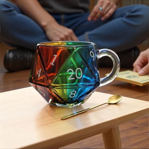 Rainbow D20 Dice Glass Coffee Mug, Cool D20 Dice Glass Coffee Cup, Funny Novelty Coffees Mugs Gifts, Gaming Mug for Board Game Players