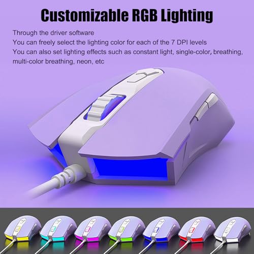 Lomiluskr AJ52 RGB Wired Gaming Mouse, 7 Programmable Buttons, Computer Mice with RGB Lighting, 200-4800 DPI Adjustable, for PC/Laptop (Purple) - color: Purple