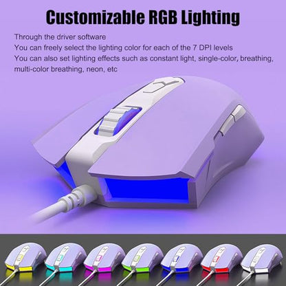Lomiluskr AJ52 RGB Wired Gaming Mouse, 7 Programmable Buttons, Computer Mice with RGB Lighting, 200-4800 DPI Adjustable, for PC/Laptop (Purple) - color: Purple