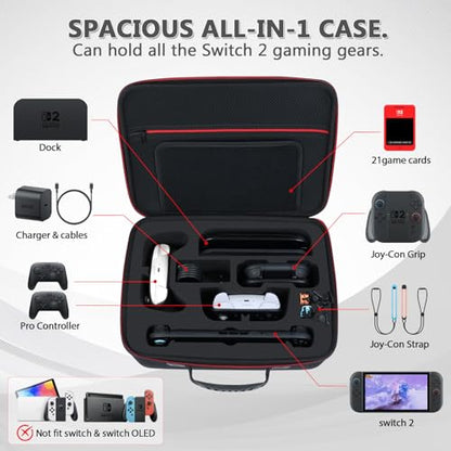 WPGEAR Hard Carrying Case Compatible with Nintendo Switch 2 & Accessories | Travel Bag Holds Switch 2 Console, Pro Controller x 2, Joy-Con Grip, Dock, Power Adapter, 21 Games, Cables and Accessories