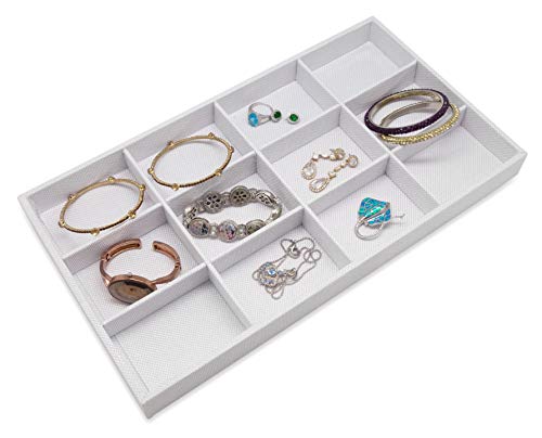 The Display Guys - Stackable Jewelry Tray and Organizer - for Drawers, Dressers, Store Display (12 Compartments, White Burlap) - color: Burlap White, size: 12 Compartments