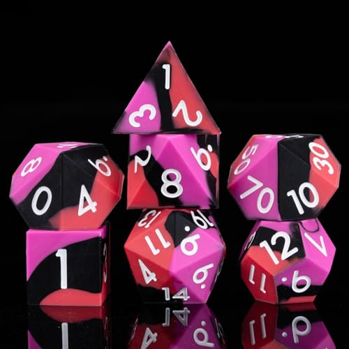 Silicone D&D Dice, 7pcs Rubber Polyhedral DND Dice Set, Sharp Edges Soft Perfect Bouncer for Dungeons and Dragons, RPG, MTG (D4, D6, D8, D10, D12, D20, D%) for Ages 15 and Up - color: Red Black Rose Red