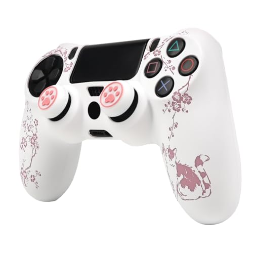 Cat Among Blossoming Branches Design Controller Skin Cover with 2 Thumb Grips Compatible with PS4/Playstation 4 Slim/Pro Controller - color: Cat White Pink