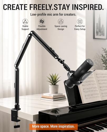 Low Profile Mic Arm for Lightweight Mics, Foldable Boom Arm with Desk Clamp, Mic Clip & 1/4" 3/8" 5/8" Adapters, 360° Metal Ball Head for Podcasting, Streaming & Gaming