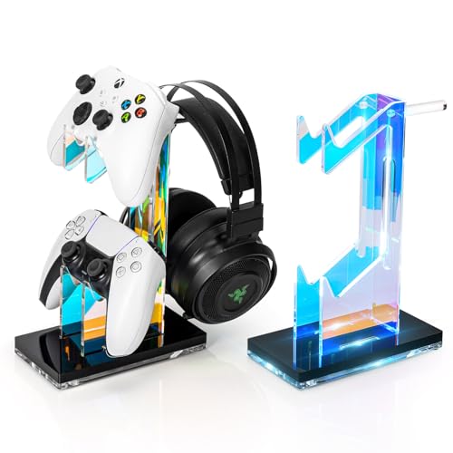 OAPRIRE Headset and Controller Stand with Lights, 2 Tier Acrylic Game Controller Holder, Controller and Headset Stand for Desktop,Universal Design Compatible with PS5/PS4/XBOX/SWITCH (Black) - color: Black, size: 2 Tier-Lights