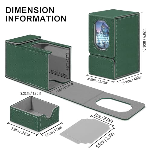 Card Deck Box for MTG Commander, Fits 100+ Double-Sleeved Cards Card Case | with Detachable Dice Tray, 2 Dividers, Removable lid, Trading Card Storage Box, Sturdy and Durable, Fits TCG/PTCG/Sports Card - color: Dark Green and Dark Gray