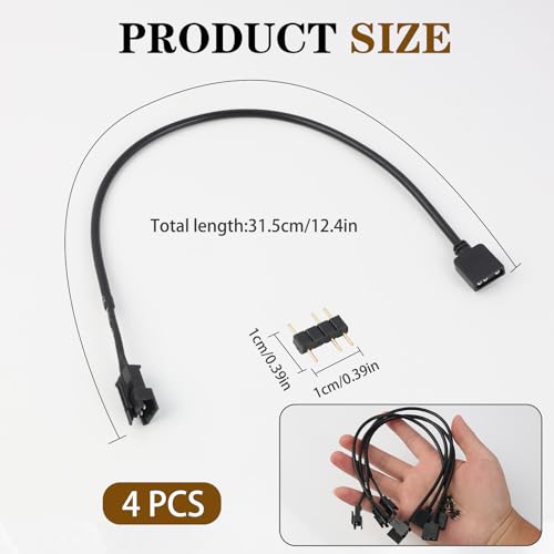 4 Pack ARGB Extension Cable, 3-Pin to SM 3-Pin Male Adapter with Adapter pin, 5V Addressable RGB Extension Cable for PC Fans and LED Strips, Motherboard Sync (0.98 FT/ 30 CM Each) - color: 5V 3pin female to male