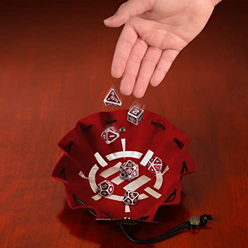 ENHANCE DND Metal Dice Set - 7pc Polyhedral Dice with 2-in-1 Vegan Leather Bag and Tray, Solid Metal Set for Dungeons and Dragons, Pathfinder, More RPGs (Collector's Edition Red) - color: Dragon Red