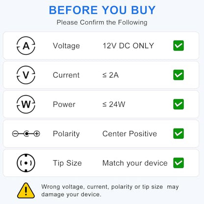 inShareplus 12V 2A Power Supply Adapter, 24W AC to DC Universal Adapter with 8 DC Tips (5.5×2.1mm), Replacement for LED Strip Lights, Router, DVR and Other 12V Devices - size: 12V2A 24W