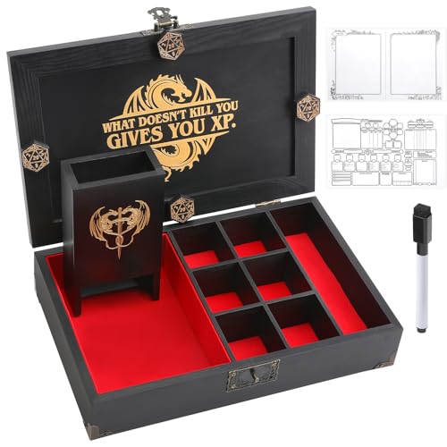 Portable Wooden Dice Tray & Tower with Magnetic Dashboard, Includes Reusable Sheet & Dry Erase Marker, Dice Holder & Box, RPG Storage - Perfect for Dungeons and Dragons, D&D, Board Games