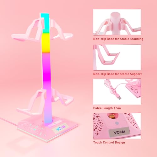 VCOM RGB Gaming Headphones Stand with 2 USB Ports, Pink Headset Stand with 10 Light Modes and Non-Slip Rubber, Suitable for PC Desk Accessories Gamers Gift(Pink)