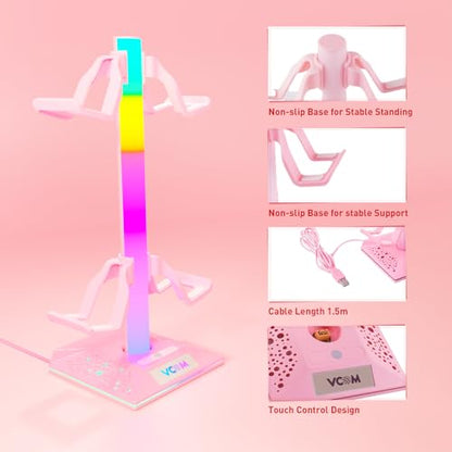 VCOM RGB Gaming Headphones Stand with 2 USB Ports, Pink Headset Stand with 10 Light Modes and Non-Slip Rubber, Suitable for PC Desk Accessories Gamers Gift(Pink)