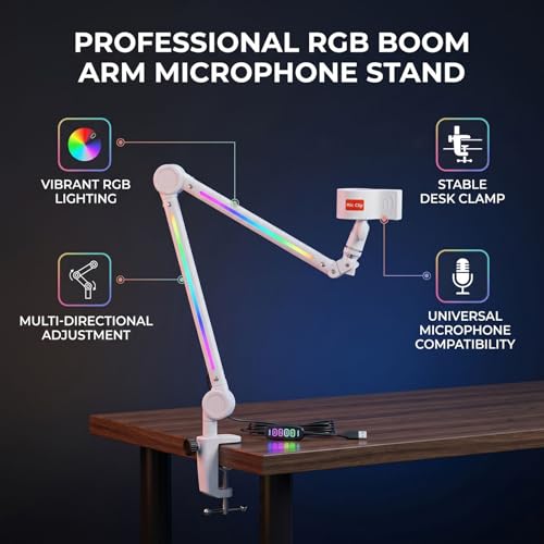 Asixxsix Microphone Boom Arm, Metal Adjustable Rotatable RGB Mic Stand with 3/8 to 5/8 inch Screw Adapter Desk Mount Clamp 2.2lbs Capaicty Heavy Duty for Gaming Streaming Podcast