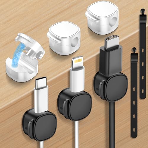 6 Pack,Magnetic Cable Clips & Silicon Cable Ties Cable Organizer | [Cable Smooth Adjustable Under Desk Organizer],Cable Management,Cord Holder-Desk Stand Holding,Adhesive Home Cable Keeper - color: 3Black+3White