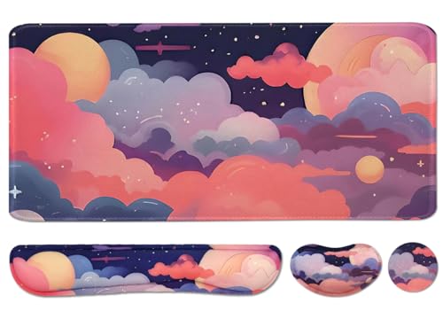 Large Mouse Pad Set, Cute Extended Mouse Pad+Keyboard Wrist Rest Support Desk Pad Memory Foam Ergonomic Easy Typing, 35.4×15.7 in Desk Mat Set for Home Office Study Game - Cloud - color: Cloud