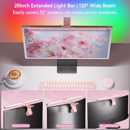 Quntis 20" Pink Monitor Light Bar with 15 RGB Modes, Flat & Curved Fits | Eye-care No Glare Ra95 Frontlight with Remote Stepless Brightness & Color Temperature, WFH Gaming Reading, Modern Aesthetic - color: Pink