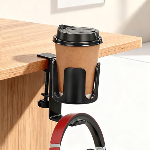 Desk Cup Holder Clamp with Headset Hook, Anti-Spill Water Bottle Stand Clip On Table Edge or Chair Armrests, Office Accessories for Coffee Drink Mug Bottles - size: 3.3 Inch, with Hook