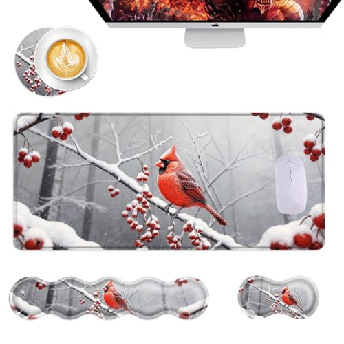 Mouse Pad,Large Desk Mat Set, 4in1 XL Mousepad + Keyboard Wrist Rest+Mouse Wrist Rest+Coaster with Ergonomic Desk Pad for Home Office Table Computer Cover -Cardinal in Snow - color: Cardinal in Snow
