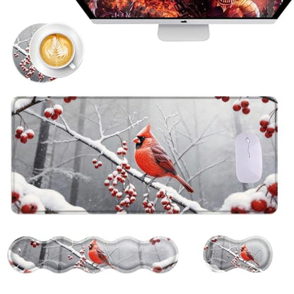 Mouse Pad,Large Desk Mat Set, 4in1 XL Mousepad + Keyboard Wrist Rest+Mouse Wrist Rest+Coaster with Ergonomic Desk Pad for Home Office Table Computer Cover -Cardinal in Snow - color: Cardinal in Snow