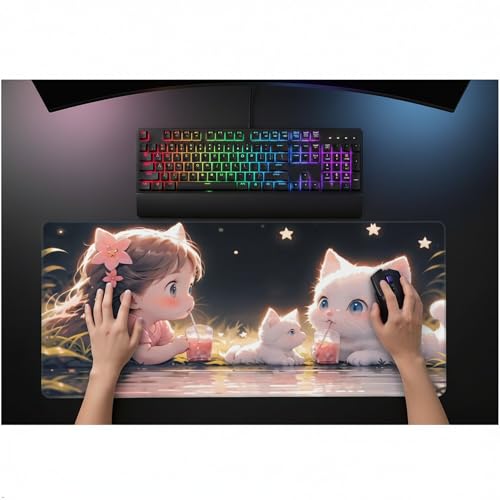 XXL Gaming Mouse Pad 35.4x15.7 inch, Kawaii Juice Cat Anime Theme Desk Mat, Pink Cute Girly Scene Large Mousepad,Fantasy Artistic Keyboard Mouse Mat (Juice Meow) - color: Juice meow