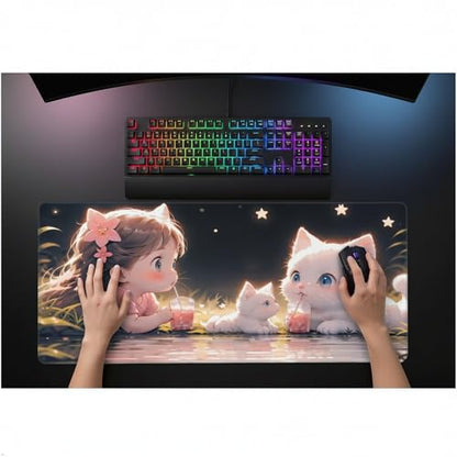 XXL Gaming Mouse Pad 35.4x15.7 inch, Kawaii Juice Cat Anime Theme Desk Mat, Pink Cute Girly Scene Large Mousepad,Fantasy Artistic Keyboard Mouse Mat (Juice Meow) - color: Juice meow