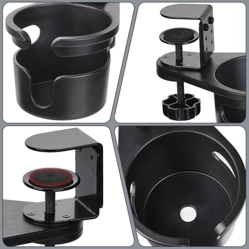MYITYARD Desk Cup Holder Clamp, Anti-Spill Clip On Table Cup Holder, Rotatable Water Bottle Stand Drink Coffee Mug Storage, Office Accessories for Home and School (Black) - color: Black