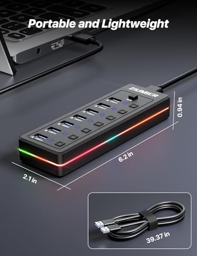 USB Hub with RGB LED Strip,7 Port USB Splitter for PC,Gaming | USB 3.0 Hub Data Transfer - Individual LED On/Off Switches for Laptop, PC, Mouse, Keyboard, Hard Drive - style: 7 PORT