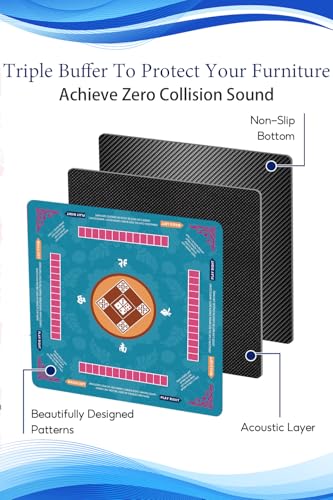Mahjong Mat for Table, 31.5x31.5Inch American Mahjongg Table Mat (Blue3) | Anti-Wrinkle&Foldable Neoprene Mahjongg Travel Mat for Table with Learning Rule, Anti-Slip Noise Reduction Includes Carry Bag - color: Turquoise Blue
